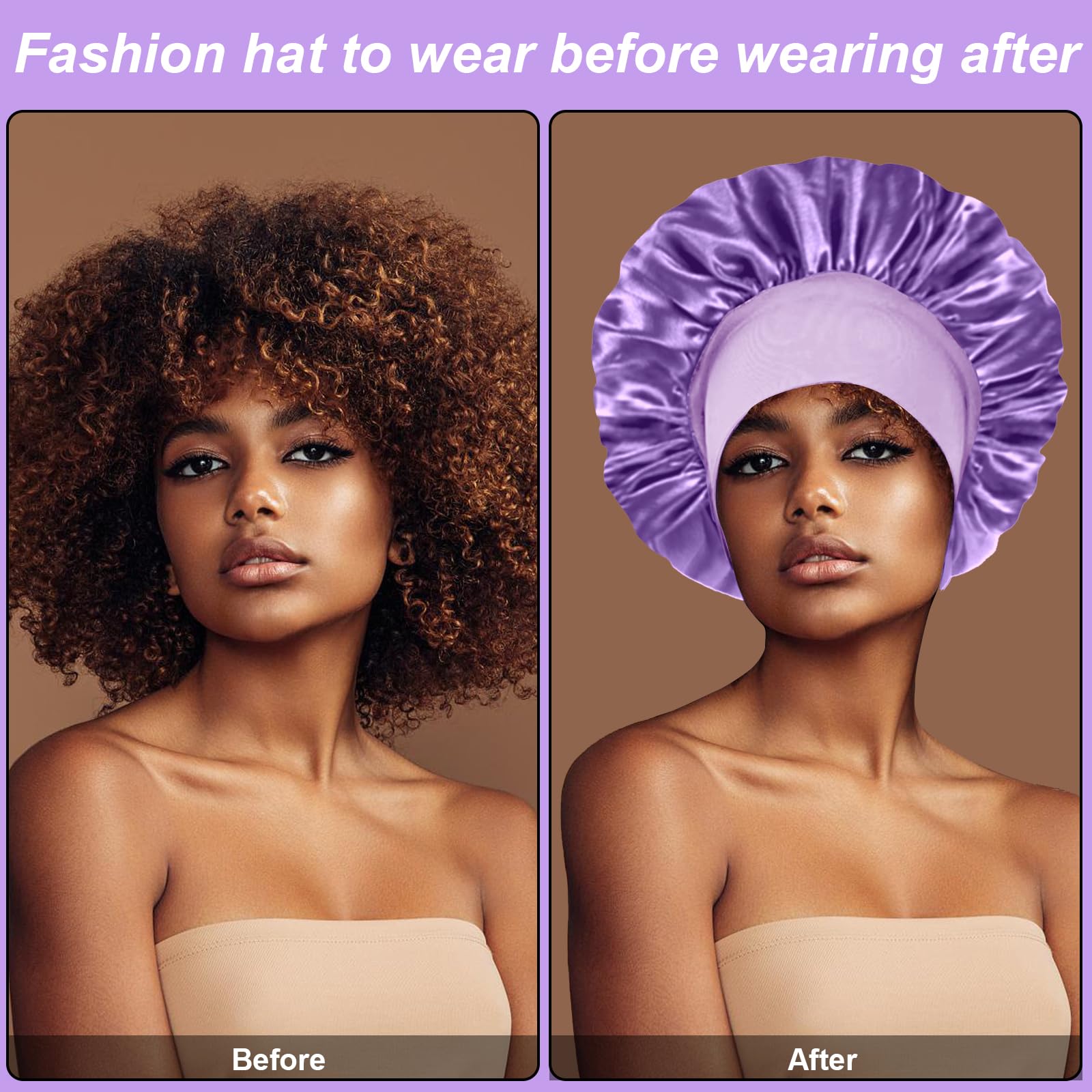 4PCS Silk Bonnet for Sleeping - Satin Bonnets for Black Women & Men, Elastic Wide Band Hair Wrap Cap for Curly Hair, Shower Cap (Black, Sapphire Blue, Pink, Purple)